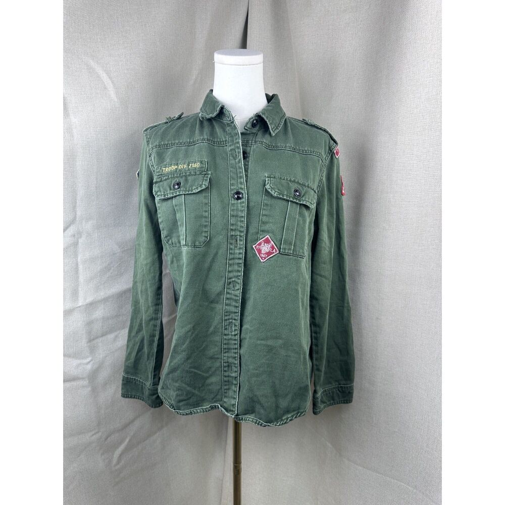 Forever 21 Women's Olive Green Military Style Button Up Shirt w/ Patches Size M
